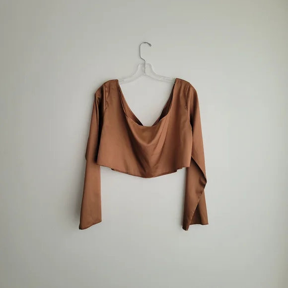 NWT Ryan Destiny x PacSun Elegant Brown Satin Unbothered Off-The-Shoulder Top - Picture 1 of 8